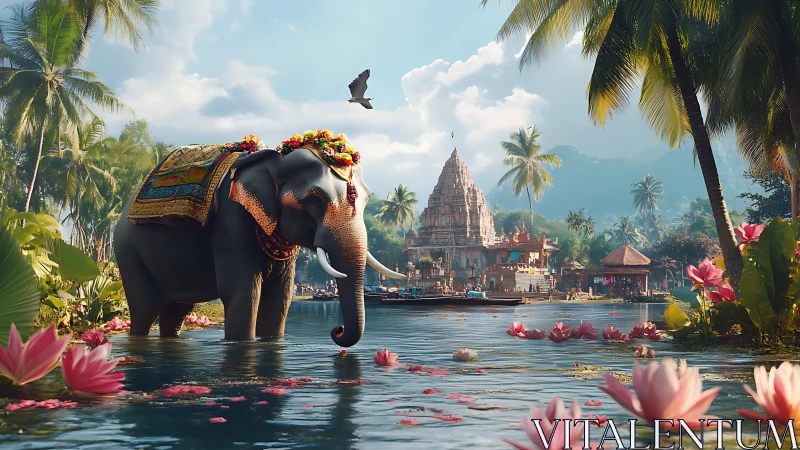 Lotus-laced temple river with crowned ceremonial elephant.
