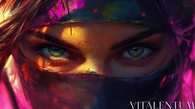 Masked figure close-up with vivid neon lighting and fabric.