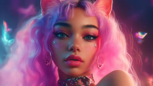 Pink haired cat girl portrait with neon fantasy lighting.