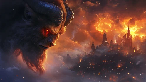 Demonic titan looms over burning gothic city in stormfire