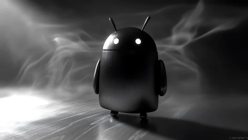 Brushed metal robot figure stands in directional studio lighting