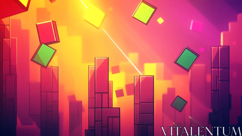Geometric neon skyline with floating chromatic cubes at dusk.