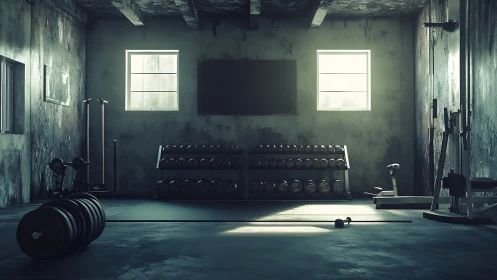 Dimly lit industrial gym with weights and machines.