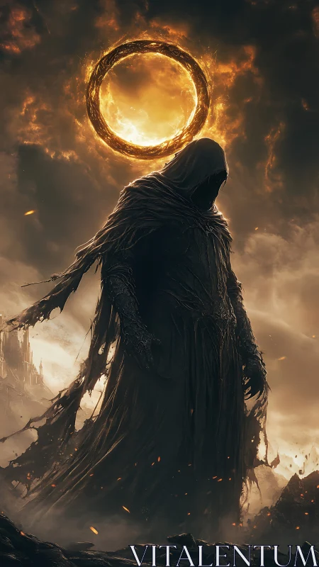 Shadowed guardian beneath a blazing celestial ring.