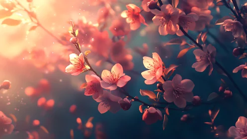 Cherry blossoms illuminated at sunset in warm golden light.