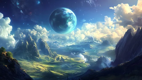 Alien planet landscape shows floating world above valleys