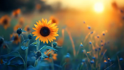 Sunflower glows against dreamy sunset bokeh field backdrop.