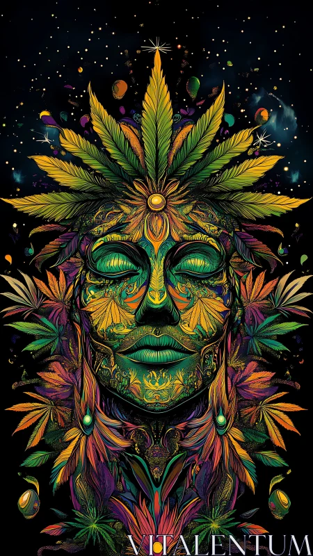 Psychedelic botanical mask portrait with cosmic cannabis halo