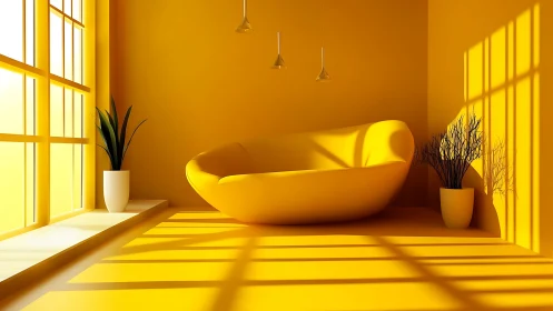 Minimalist yellow lounge with sculptural sofa and light play.