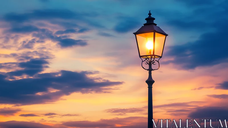 Street lamp silhouette against multicolored sunset sky.