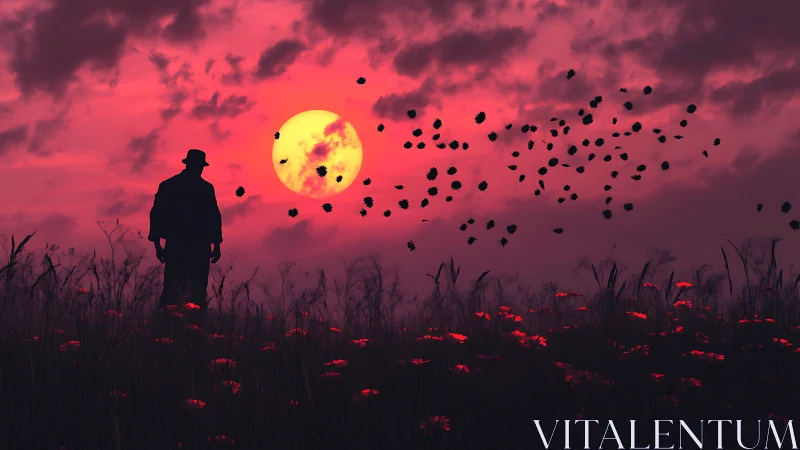 Silhouetted wanderer watches blood-red sunset sky bloom.