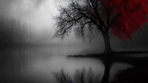 Crimson tree broods over misty lake in monochrome silence.