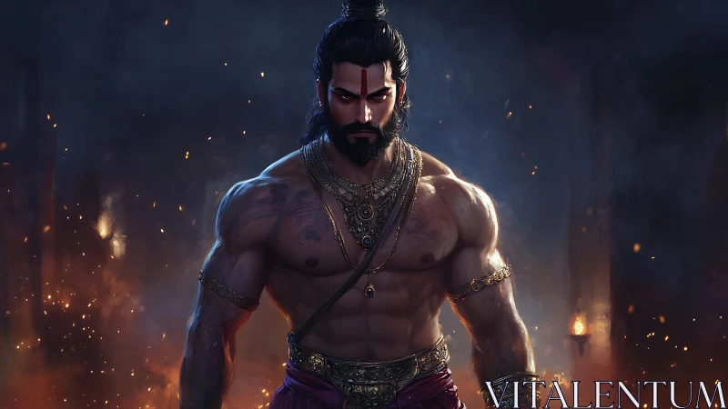 Warrior ascends from embers with divine fury and resolve.