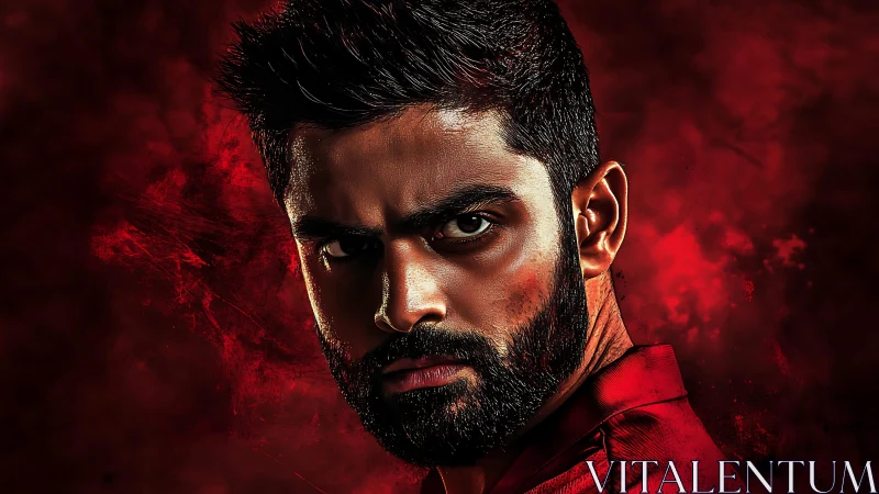 Intense bearded man portrait in red atmospheric lighting.