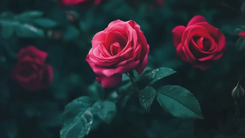 Vivid Pink Rose Blooms Against Moody Teal Garden. Nature.