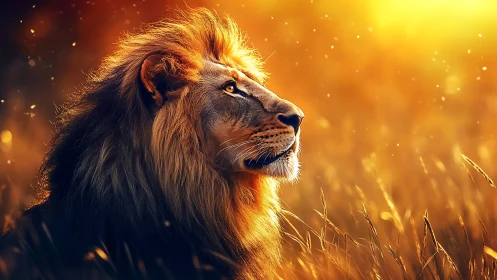 Majestic lion rendered in warm backlit photoreal style