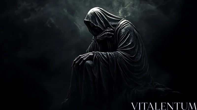 Shrouded hooded figure in dark environment, seated posture.