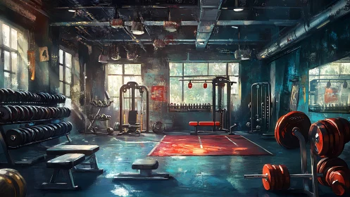 Weight training room with machines, benches, and barbells.