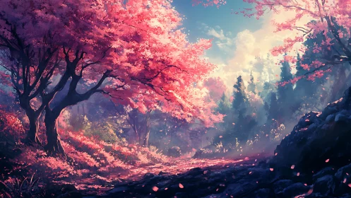 Chromatic forest corridor with luminous cherry canopies.