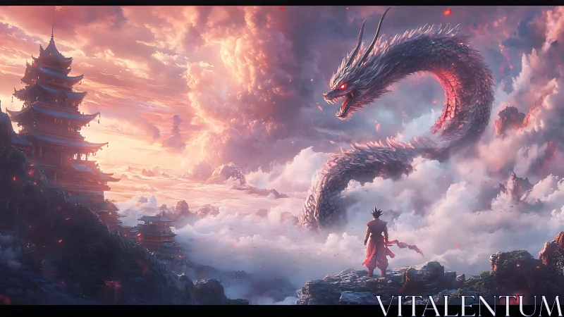 Stormbound dragon coils above temple peaks in burning dawn.