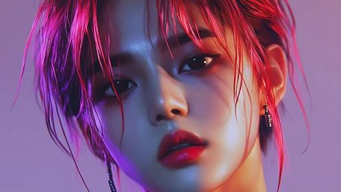 Neon-lit digital portrait renders hyperreal wet hair and skin