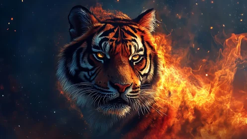 Ember crowned tiger spirit stalking through starlit blaze.