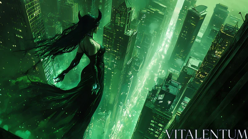 Sorceress over neon city canyons in swirling green night.