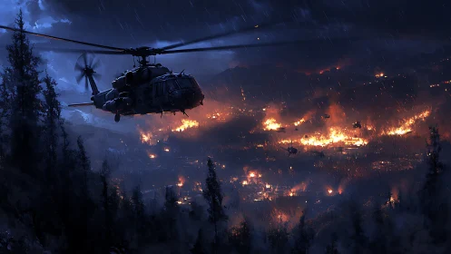Military helicopter over burning valley during night storm.