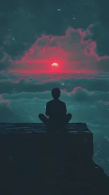 Solitary figure gazes at neon sunset above the clouds.