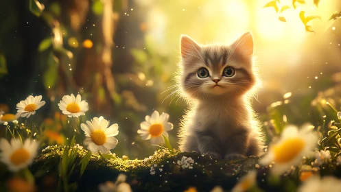 Kitten positioned among daisy flowers with backlit atmospheric lighting.