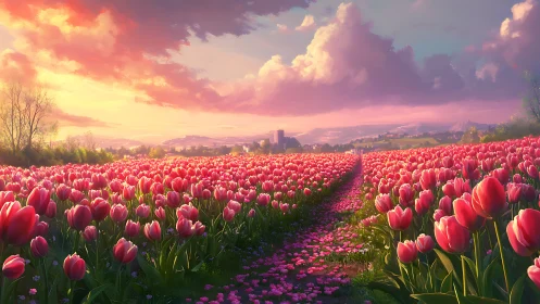 Pink tulip fields glow under luminous sunset sky.