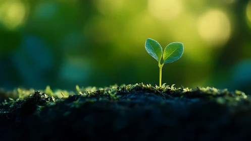 Single green seedling emerging from soil in soft focus field.