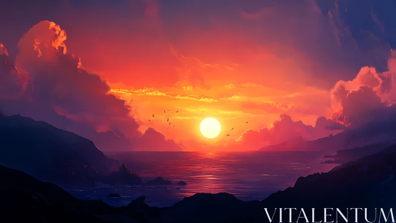Vivid digital seascape with sun over distant dark cliffs.