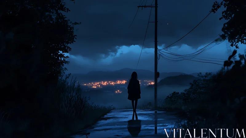 Silhouetted figure overlooks nocturnal town under storm clouds