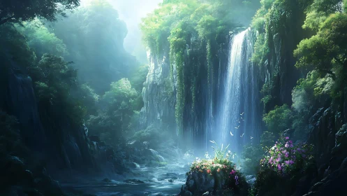 Hidden waterfall glen wrapped in mist, light, and soft blooms.