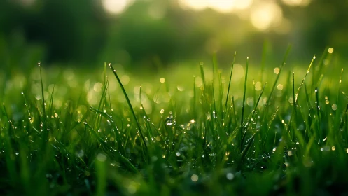 Close-up grass blades with dew droplets in soft morning light