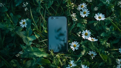 Smartphone Rests Among White Daisies and Green Grass.