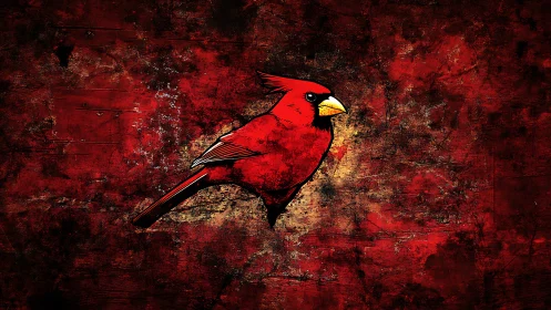 Scarlet cardinal ignites grunge canvas with fierce calm.