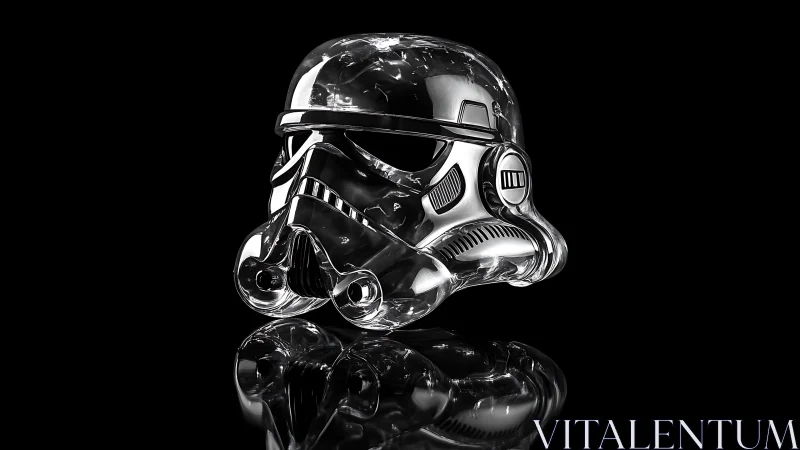 Chrome sci-fi helmet sculpture reflects stark black void.