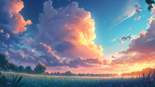 Sunset clouds over quiet meadow in digital landscape.