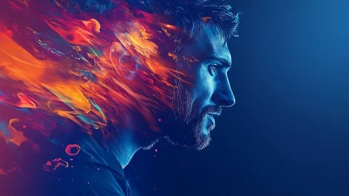 Neon-lit male profile merges with dynamic, flame-like color streams