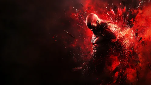 Digital figure dissolving into red abstract energy field.