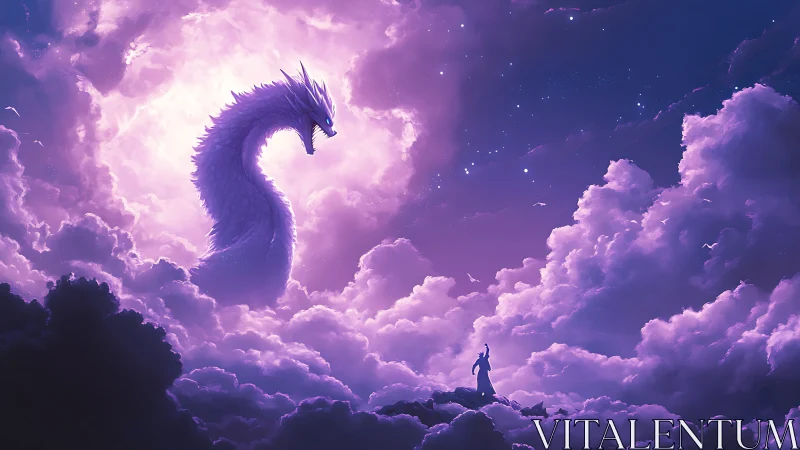 Purple sky dragon looms over lone figure in clouds.