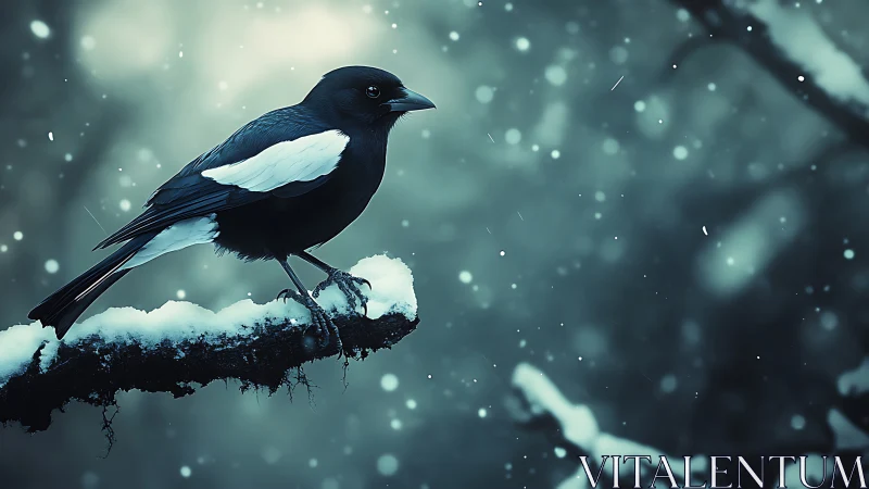 Magpie on Snowy Branch in Moody Winter Forest, Soft Focus Style.