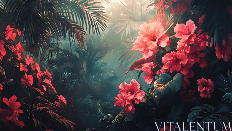 Crimson Whispers in Emerald Mist: A Jungle's Neon Dream.