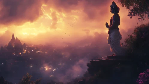 Divine statue overlooks glowing valley under stormlit sky.