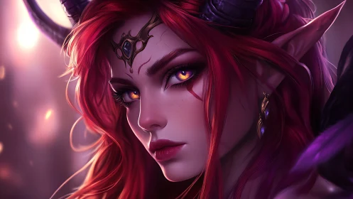 Horned elf woman with glowing eyes stares toward viewer