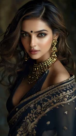 Midnight gaze wrapped in navy silk and molten gold grace.