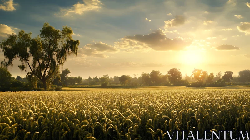 Sunlit grain field with distant trees under low horizon sun.