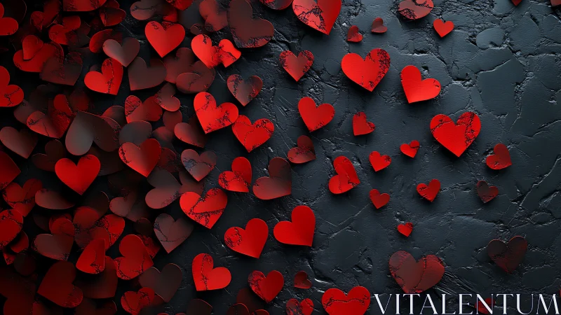Red Hearts Scattered on Dark Textured Surface